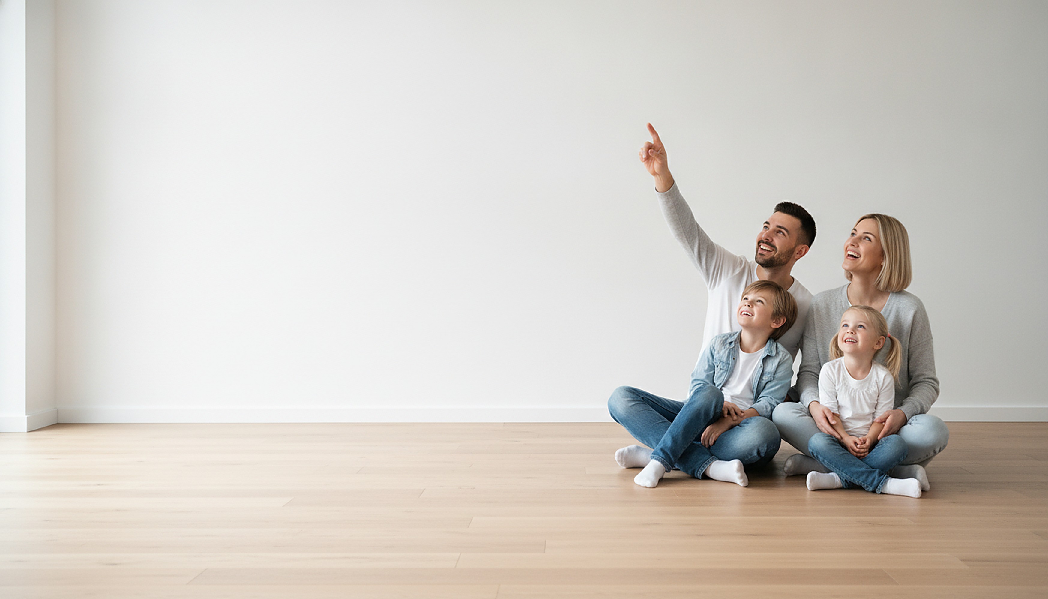 Familie mit zwei Kindern genießt die behagliche Wärme einer nachträglich eingefrästen Fußbodenheizung